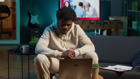 african american applicant at a virtual job interview via online video call, applying for job vacancy listed on web recruiting platform. ambitious person looking to get hired, job offer. camera a.