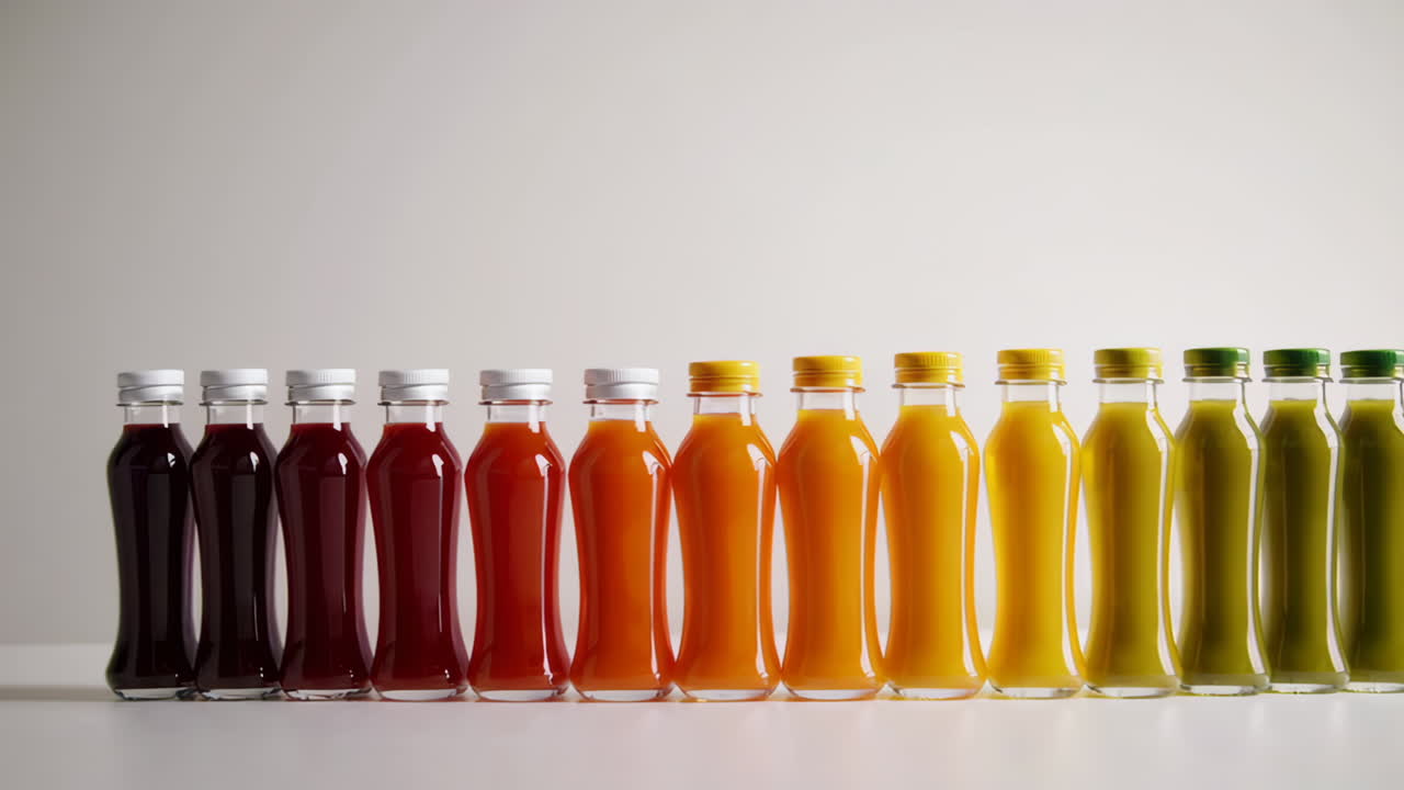 A line of colorful juice bottles