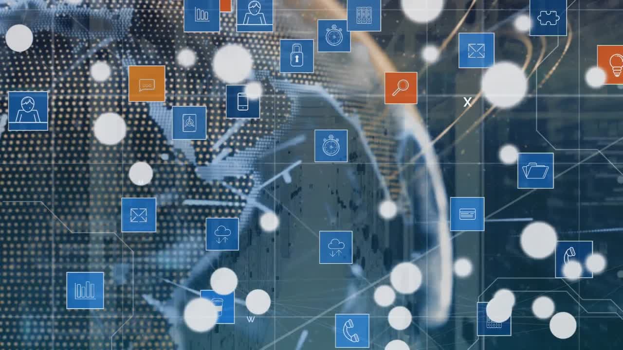 animación de rastros de luz e iconos de medios con globo sobre fondo azul