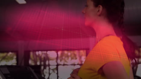 animación del ritmo cardíaco sobre una mujer caucásica corriendo en una cinta de correr en el gimnasio
