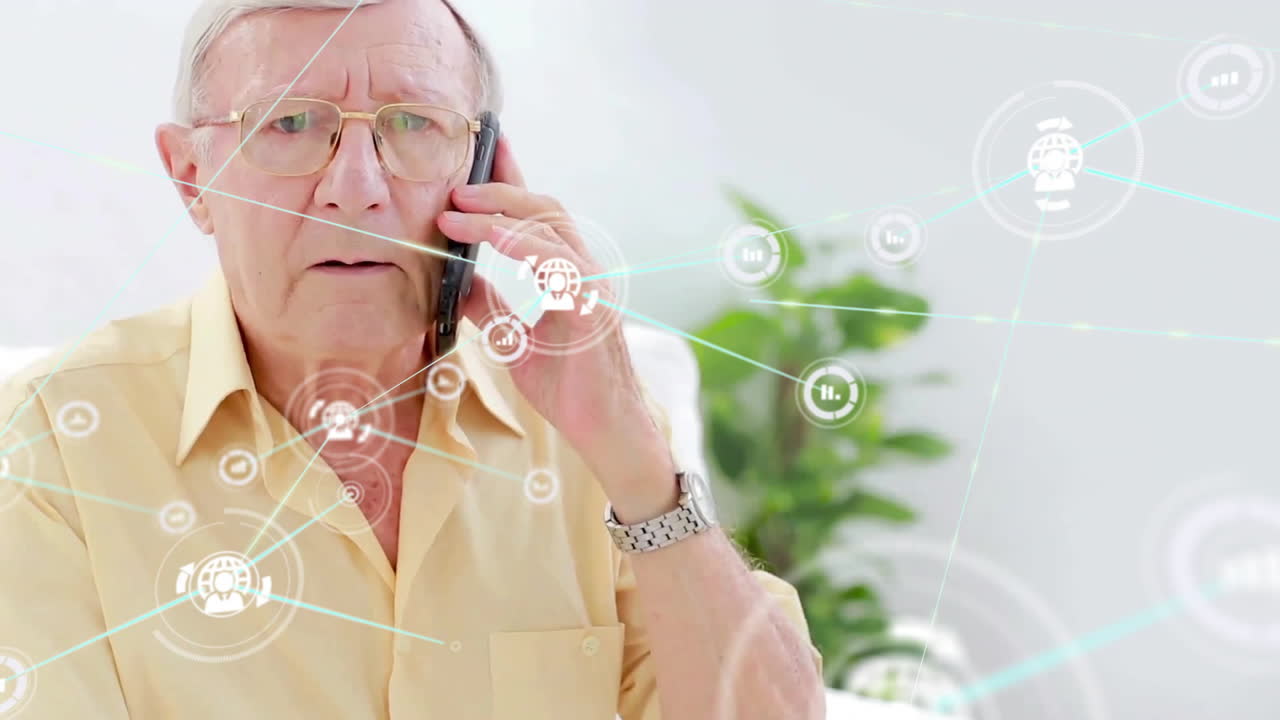Animation d'un réseau de connexions avec des icônes sur un homme caucasien âgé utilisant un smartphone.