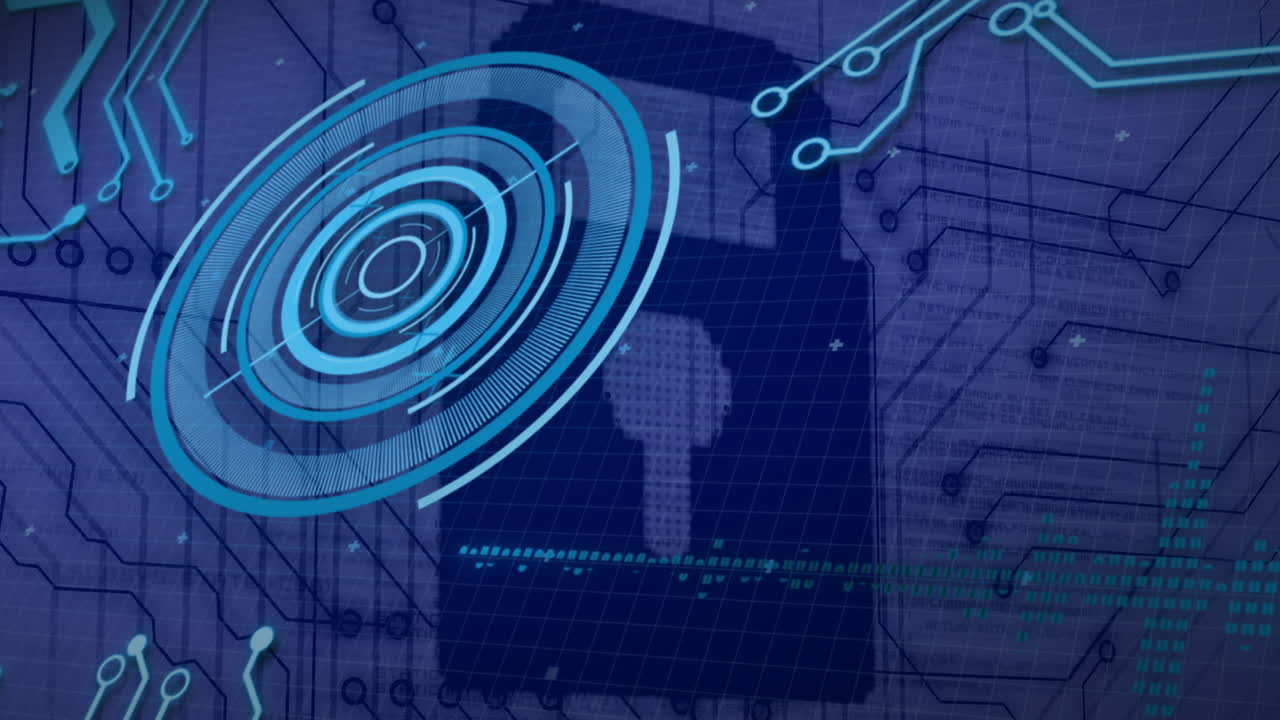 Animation of online security padlock with data processing in background