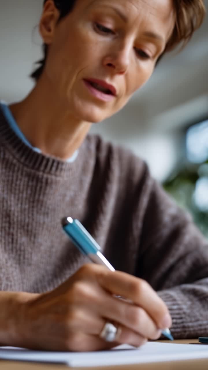 Una Donna Impegnata nella Scrittura: Catturare l'Arte della Presa di Appunti e della Riflessione in un Ambiente Accogliente e Invitante, con un Focus su Scrittura a Mano e Creatività