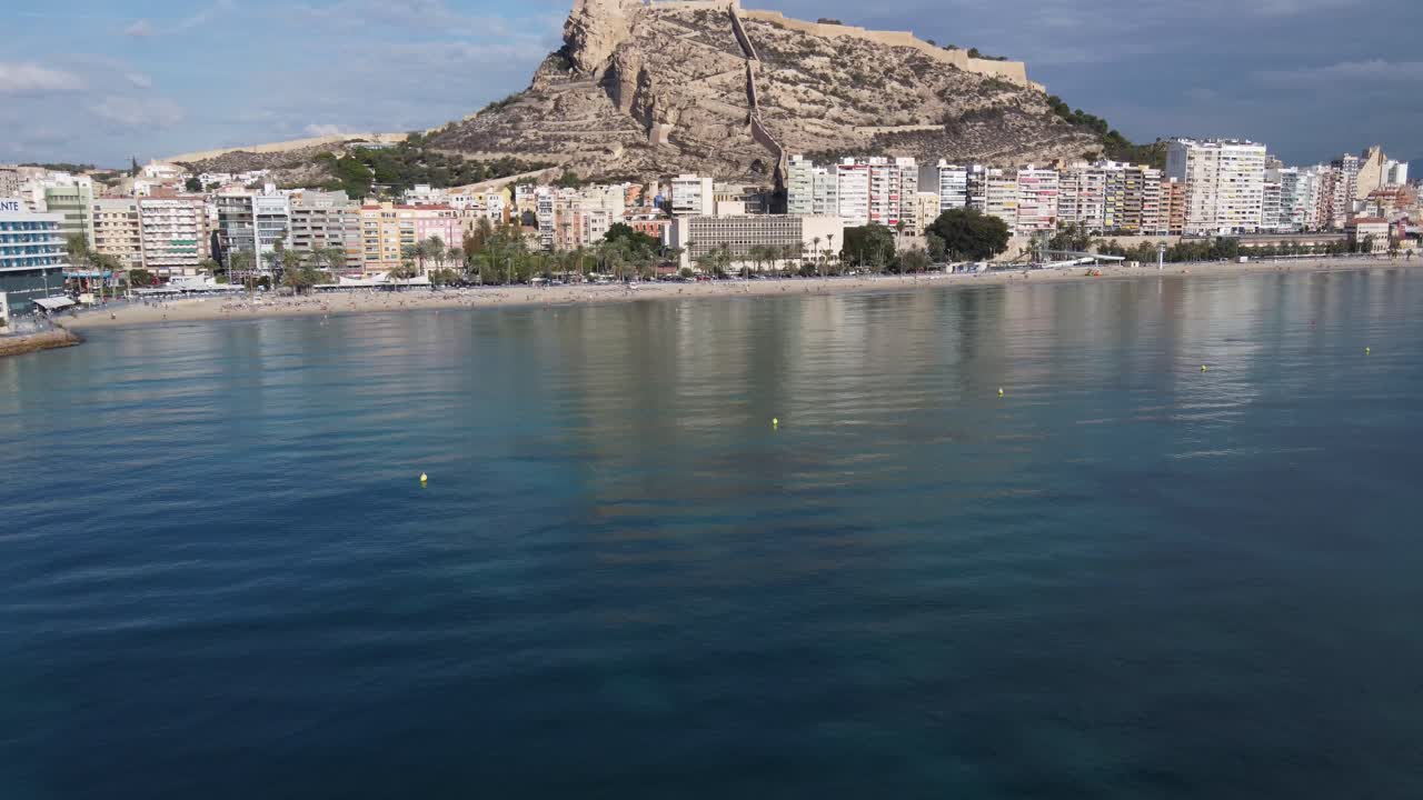 Aerial view of the Postiguet beach and castle of Alicante, Spain
