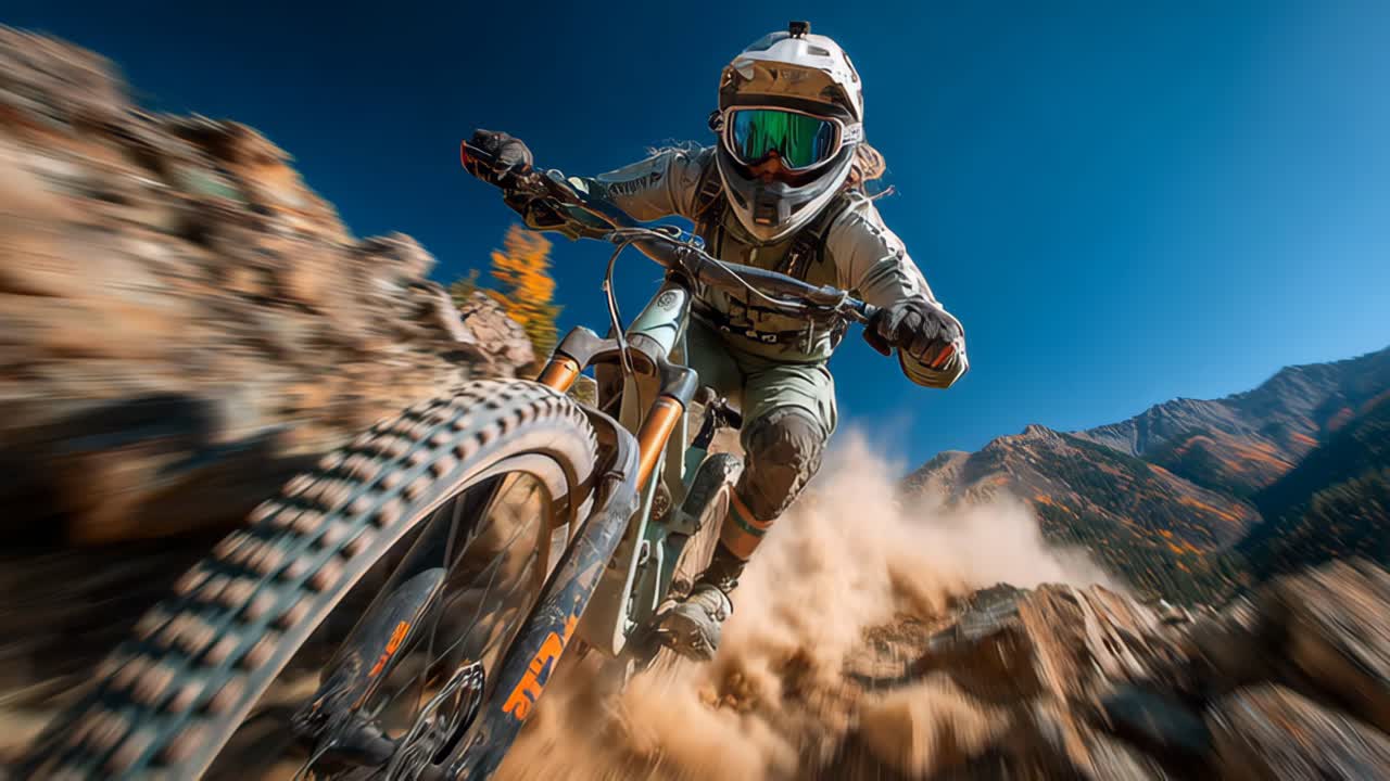 Thrilling mountain biking descent on rocky trail