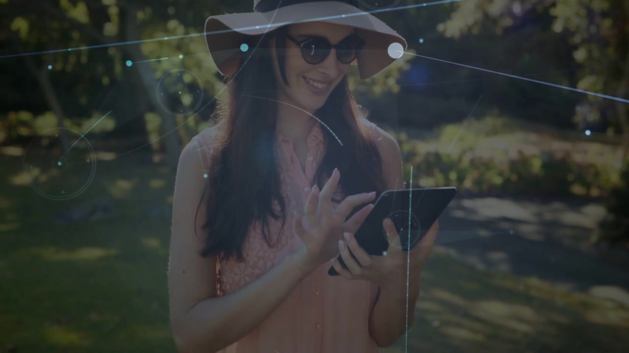 Camera pivoting woman tapping tablet in park, previewing marketing while flares overlaying woman