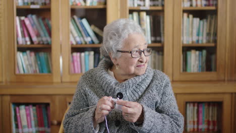 portrait of elderly woman knitting in library background looking curious out window wearing jumper