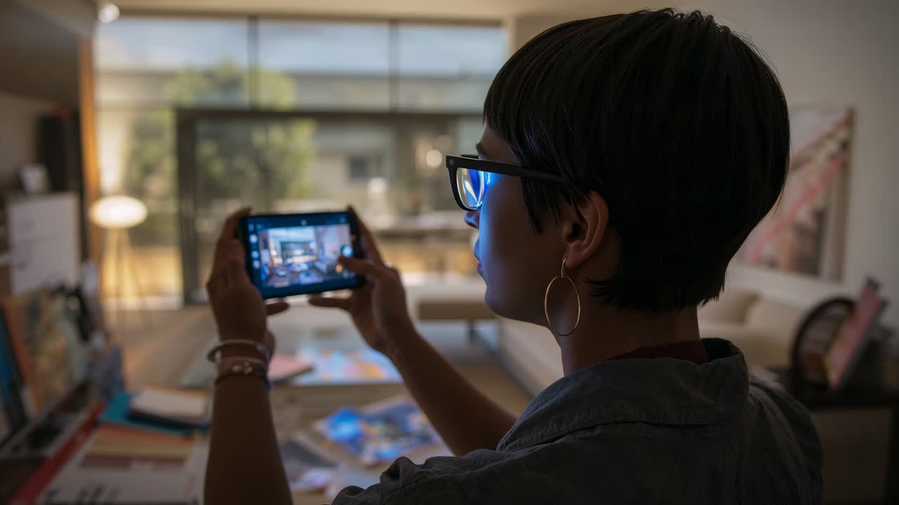 Lifting woman with glasses holding phone framing table papers to document art at studio, copy space
