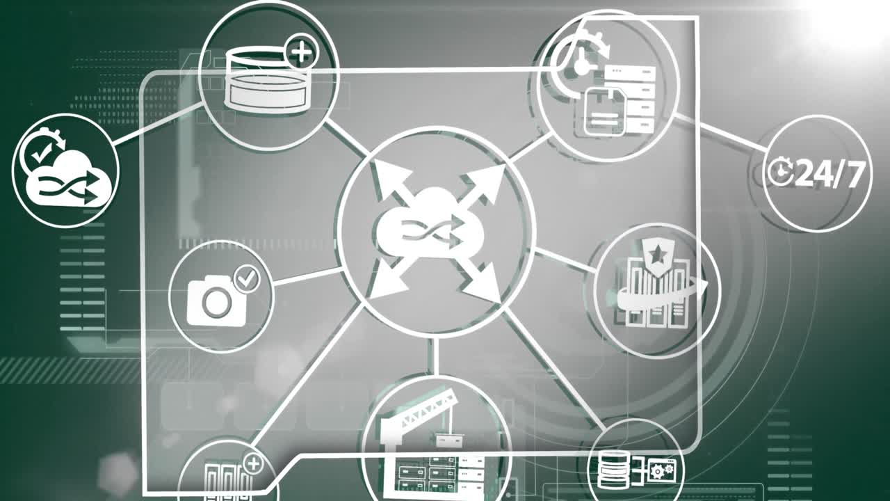 animación de iconos de nubes y medios sobre el escáner procesamiento de datos en fondo oscuro