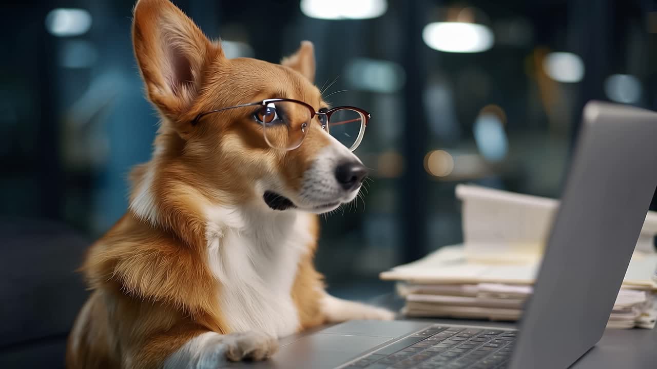 Corgi con gafas sentado frente a un portátil. El perro parece pensativo, concentrado en la pantalla. El Corgi apoya la cabeza, luciendo cansado o aburrido. Ambiente de oficina, con montones de papeles cerca