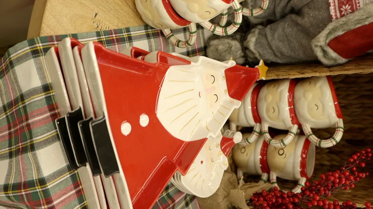 Vertical close up of Christmas ceramic decorations, plates and cups, shopping