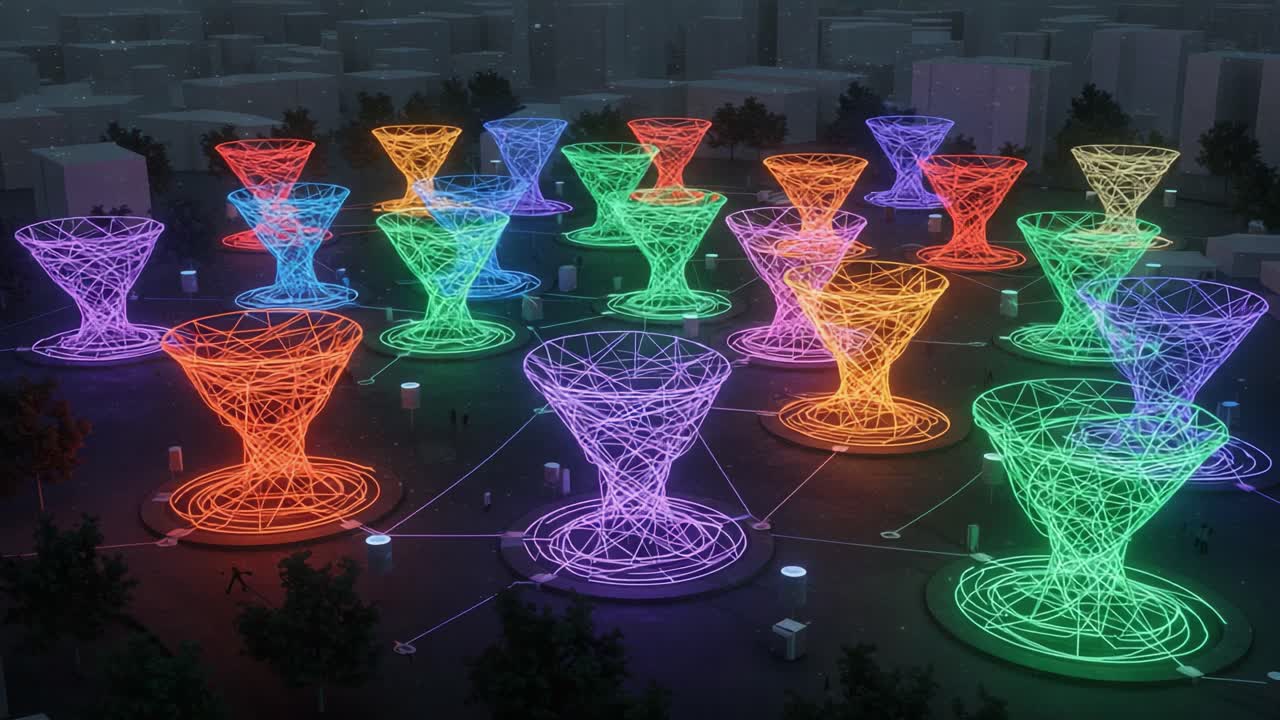 A Vibrant Display of Colorful Neon Cone Structures Illuminating a Modern Urban Space with Multicolored Light Patterns and Artistic Design Elements