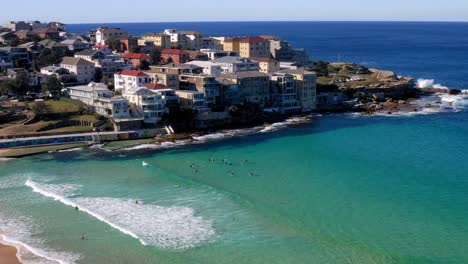 surfers and tourists swimming at the beach with ben buckler suburb in background