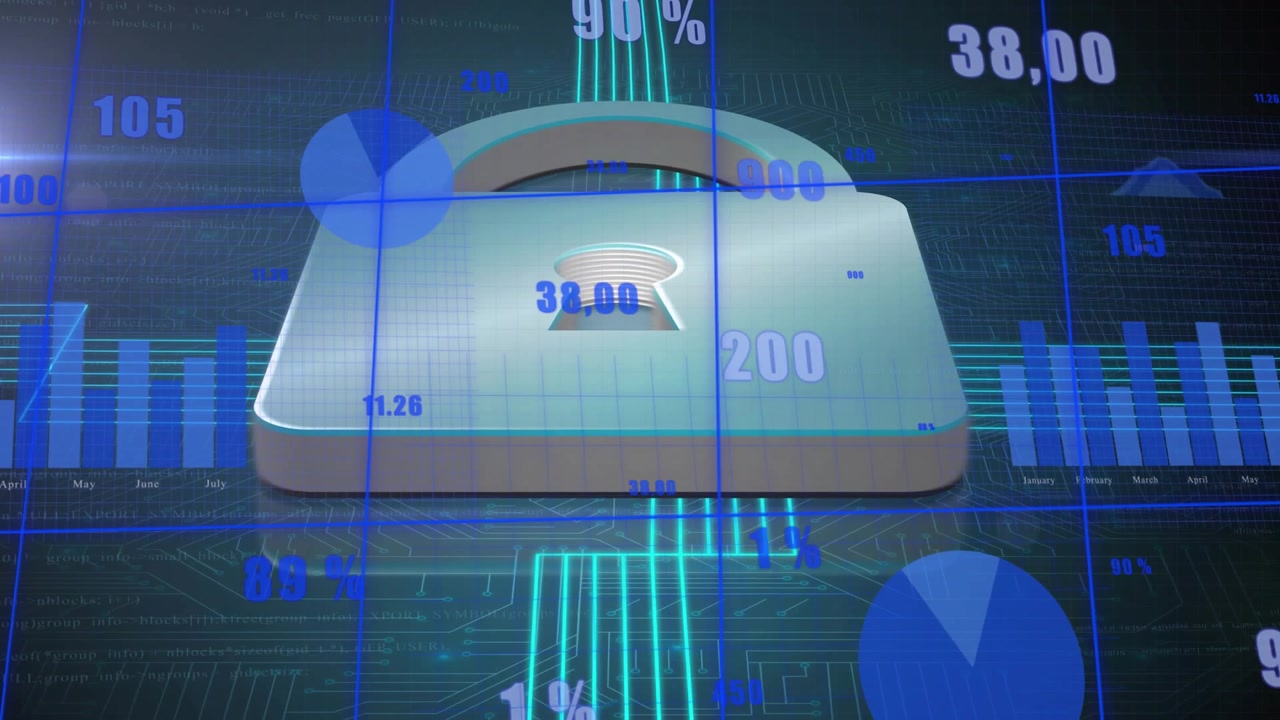 Frame advancing padlock drawing cyan traces while charts updating showing rising data into keyhole