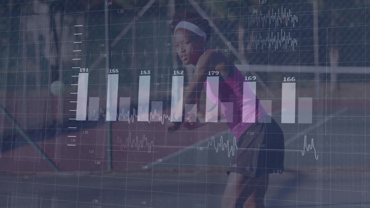 Female tennis player bouncing ball preparing serve with data bars appearing tracking sports metrics