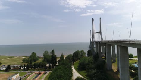 Aerial-view-of-Vasco-da-Gama-bridge-in-Lisbon,-Portugal