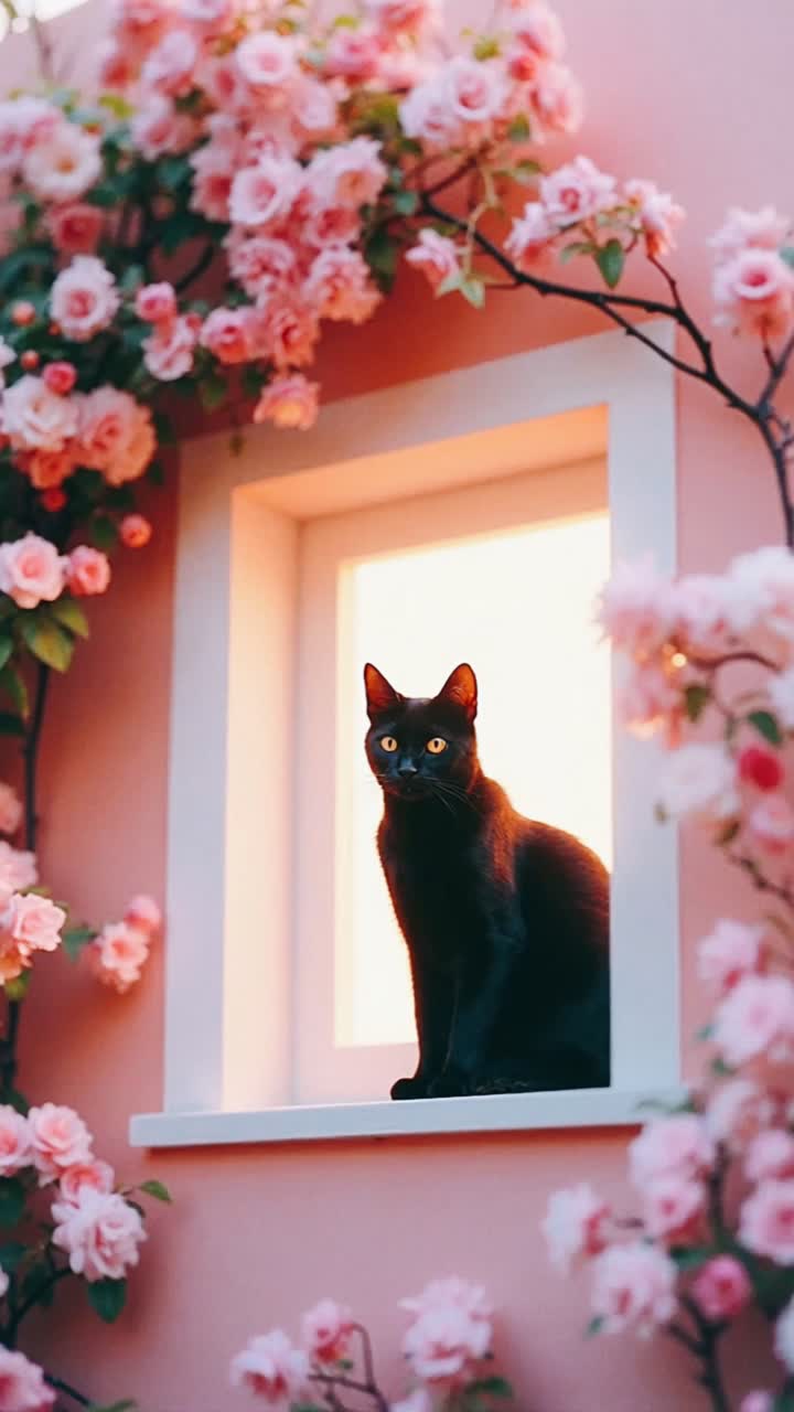 gato negro en una ventana del jardín de rosas