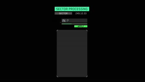 animated hud element showing a "sector processing" status changing from "loading" to "in progress". sci-fi interface for data or system concepts