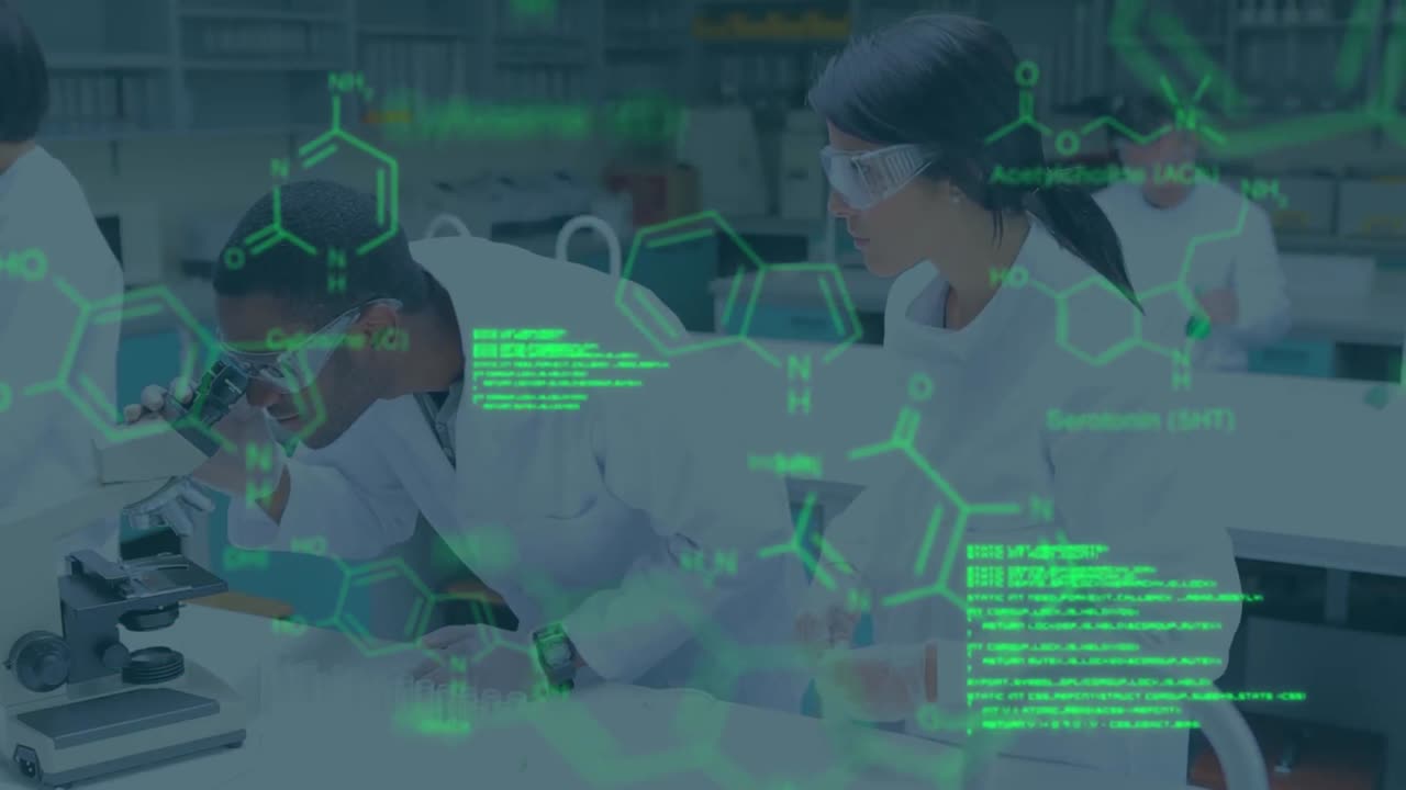 animación del procesamiento de datos científicos sobre diversos científicos que trabajan en el laboratorio
