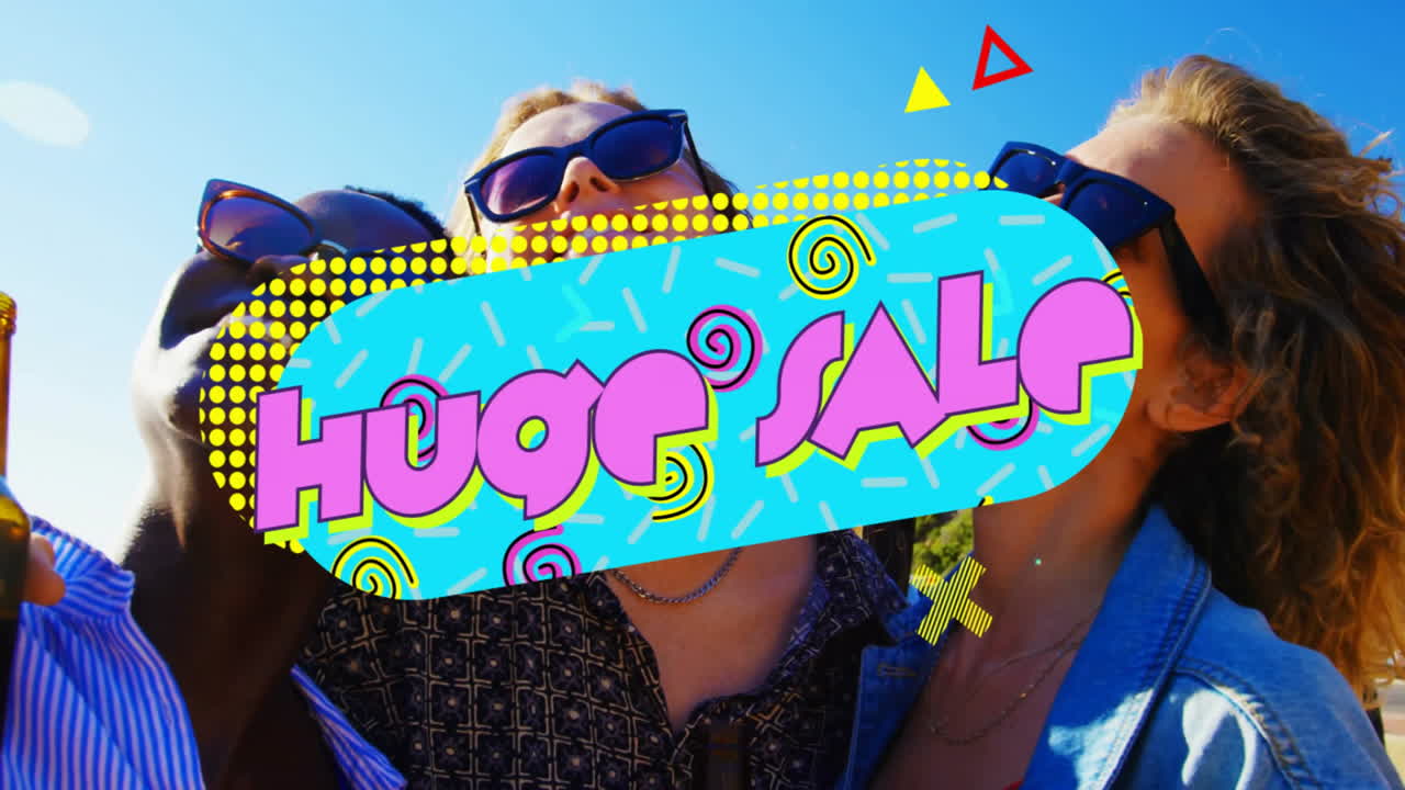 People enjoying outdoors with colorful Huge Sale text animation overlay