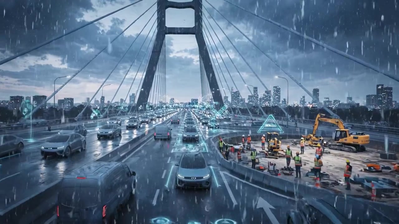 雨降る未来都市の高速道路、高度な交通信号と建設作業、電気自動車とスマートロード技術の革新が特徴。