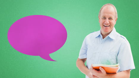 animation of pink speech bubble over smiling caucasian senior man holding books, on green