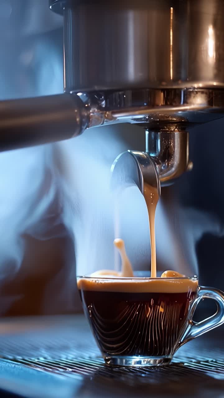 Preparare l'Espresso Perfetto: Catturare l'Arte dell'Estrazione del Caffè e la Danza del Vapore in una Tazza di Vetro.
