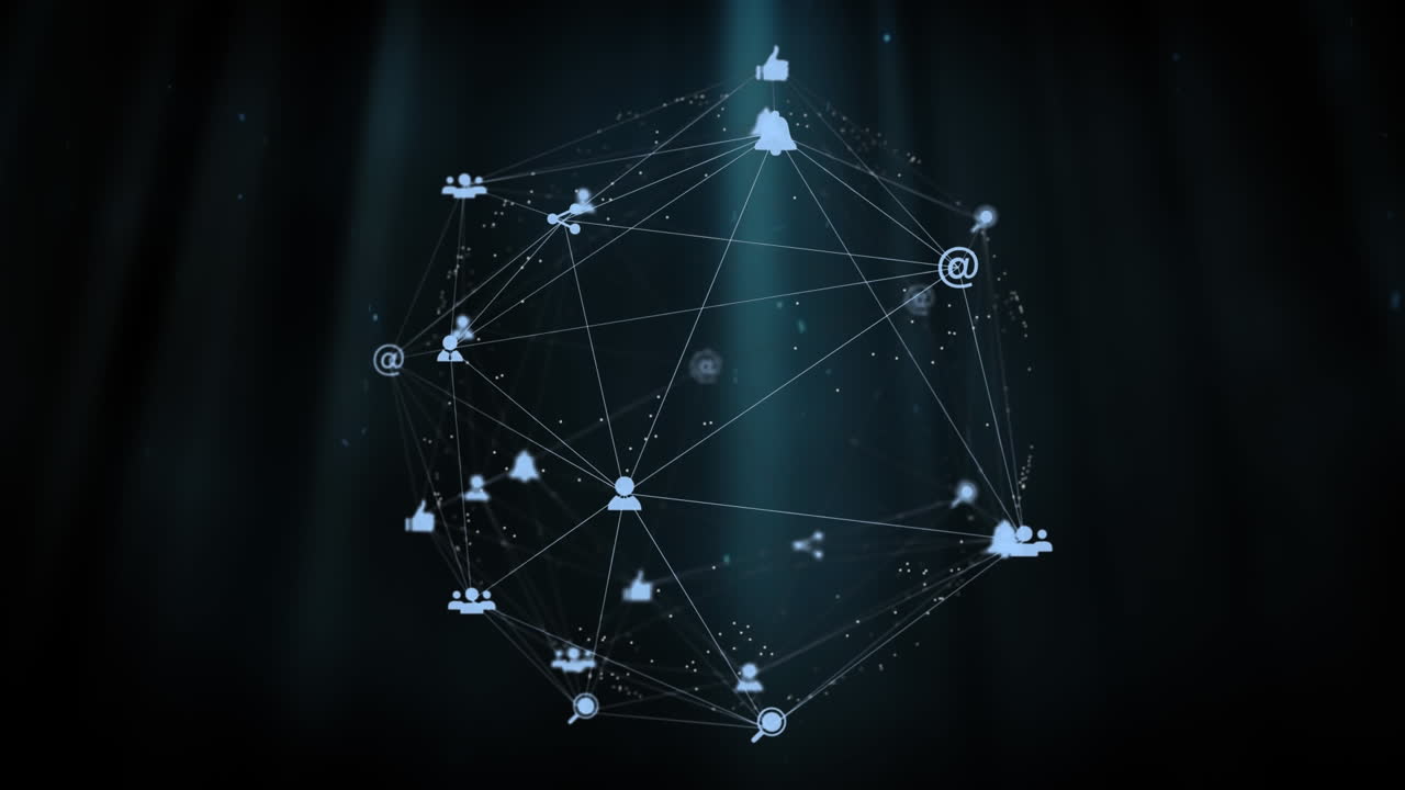 Digital composite video of web of connections with icons moving against black background