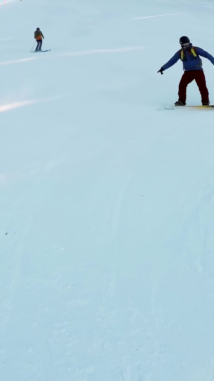 Vertical video: Carving female boarder purple jacket down ski run as group starts, lift, copy space