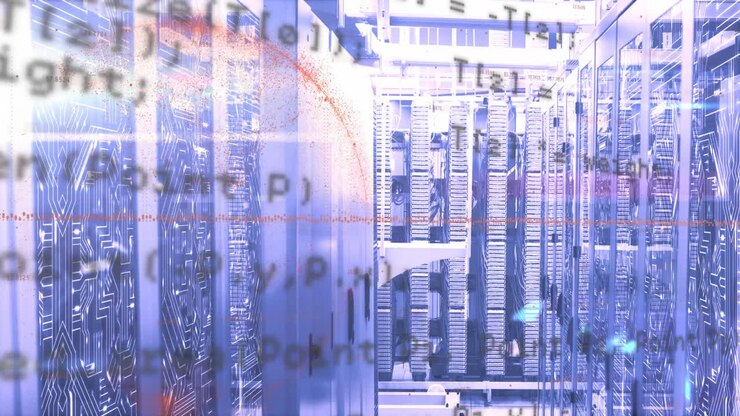 Animation of data processing over red globe against computer server room