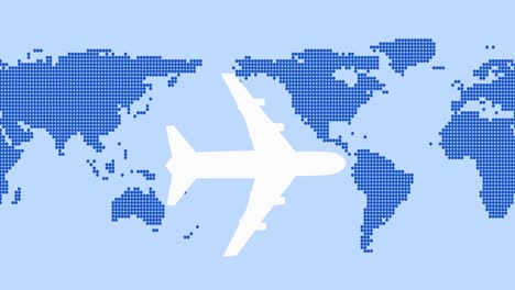 Animation-of-white-airplane-flying-over-blue-world-map