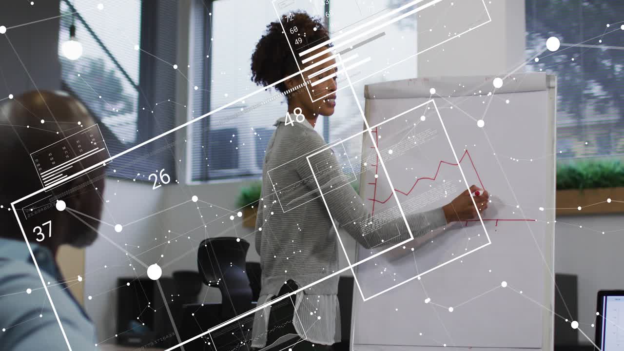 Woman drawing baseline uptrend in business, marker touching chart with HUD overlay explaining trend
