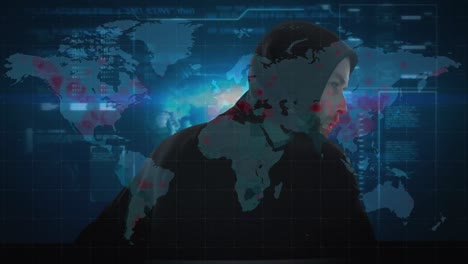 animación del procesamiento de datos sobre un hacker con una computadora portátil