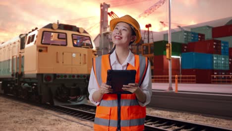asian female engineer with safety helmet looking at the tablet in her hand and looking around with freight cargo train at port