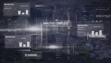 Animación-De-Interfaz-Con-Procesamiento-De-Datos-Frente-A-Vista-Aérea-De-Edificios-Altos.