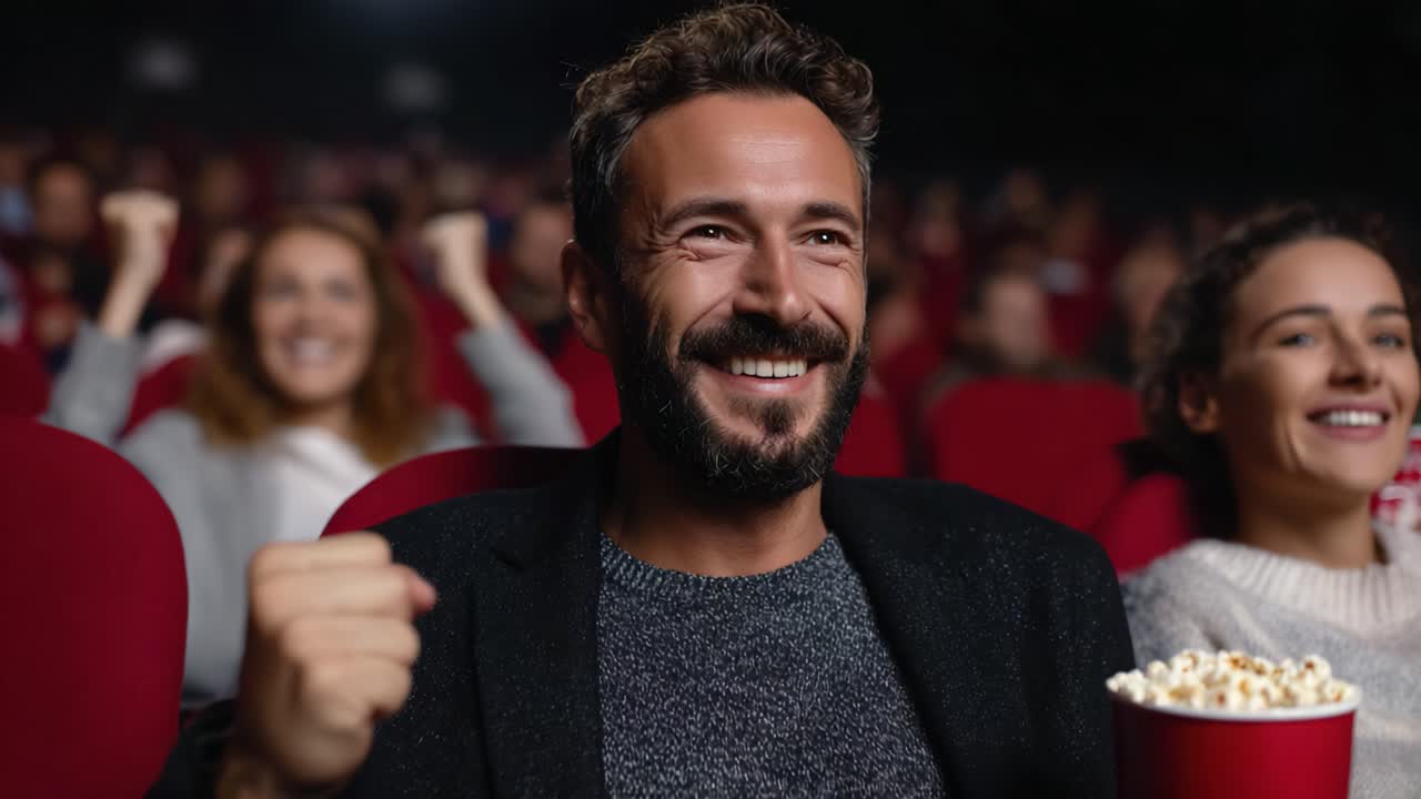 Un'esperienza cinematografica entusiasmante: un pubblico entusiasta reagisce con gioia ed energia in un ambiente cinematografico, gustando popcorn e condividendo momenti di intrattenimento emozionante