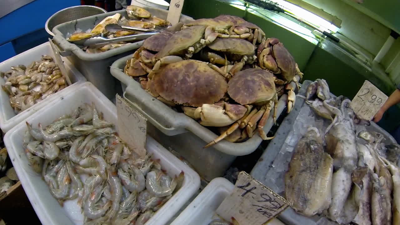 Shrimp, prawns, squid, oysters, octopus, and rock crabs on display in Chinatown seafood market.