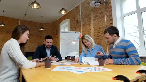 business team meeting involved diverse people participating in creative sustainable ideas steadicam shot across boardroom table shared work space