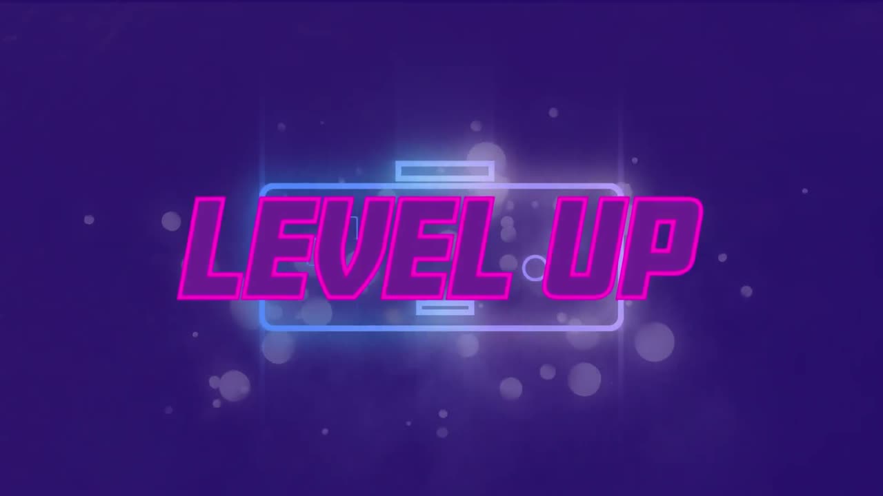 animación de nivel de texto sobre la consola de videojuegos en fondo púrpura.