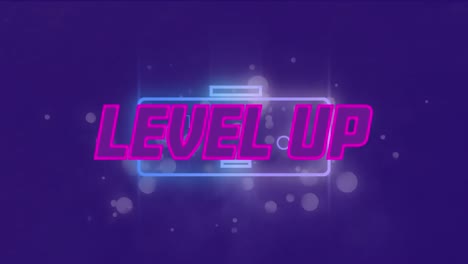 animación de nivel de texto sobre la consola de videojuegos en fondo púrpura.