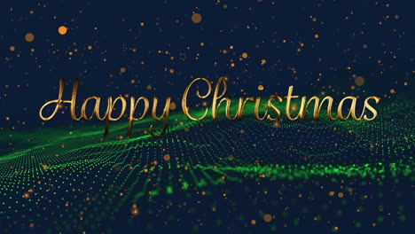 animation of happy christmas over golden dots and green laser on navy background