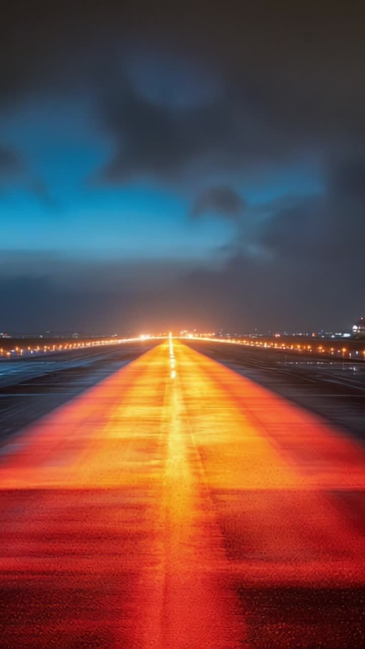 Alba vibrante su una pista aeroportuale vuota con pavimentazione bagnata e lucida che riflette luci brillanti e cieli nuvolosi drammatici, perfetto per appassionati di aviazione e fotografi.