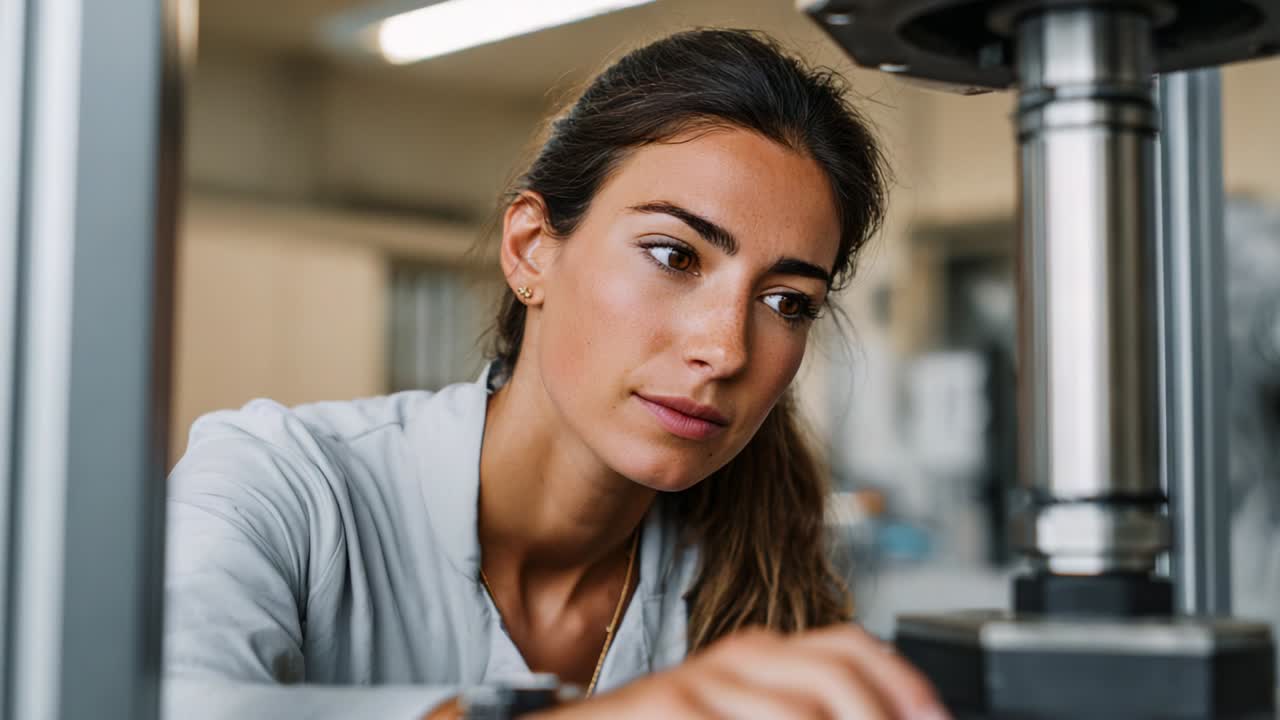 Focused Engineer Analyzing Mechanical Equipment in a Laboratory Setting, Highlighting Precision and Attention to Detail in a Professional Environment Where Innovation Meets Technology