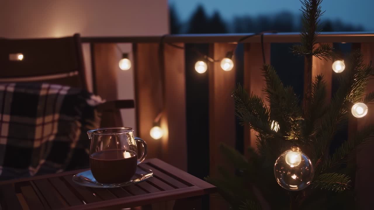 Cozy winter evening on a balcony, sipping hot chocolate while surrounded by twinkling Christmas lights, creating a warm and festive atmosphere