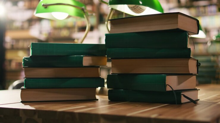 Libri rilegati in copertina rigida verde impilati su una scrivania in una biblioteca universitaria vuota.
