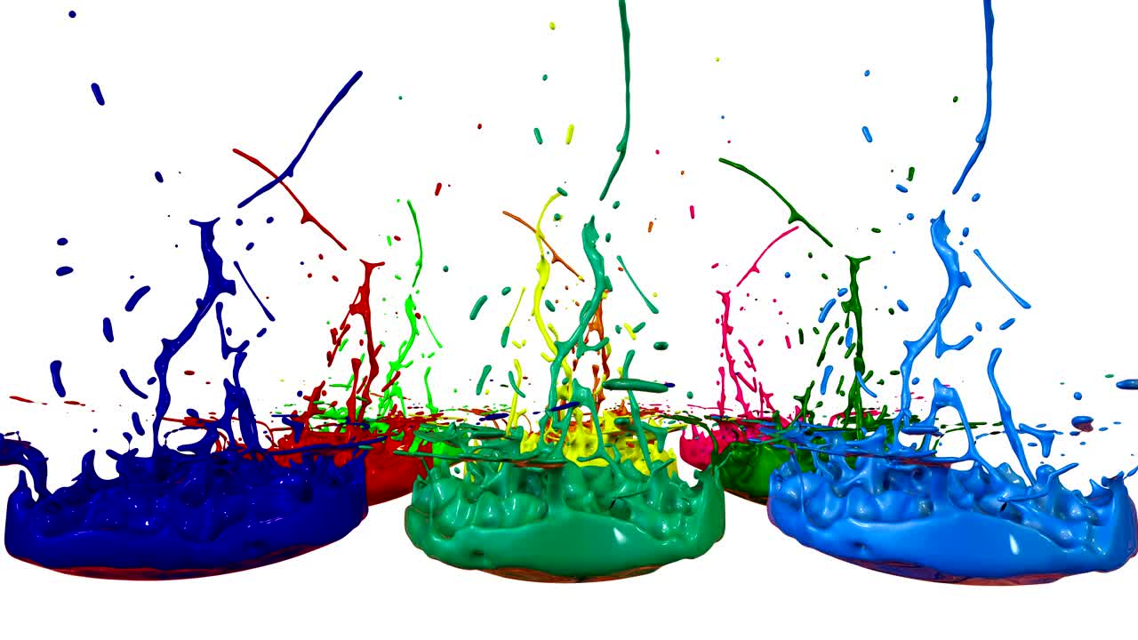 3d splashes of liquid. Paint bounce in 4k on white background. Simulation of splashes of ink on a musical speaker that play music. multicolor version 1