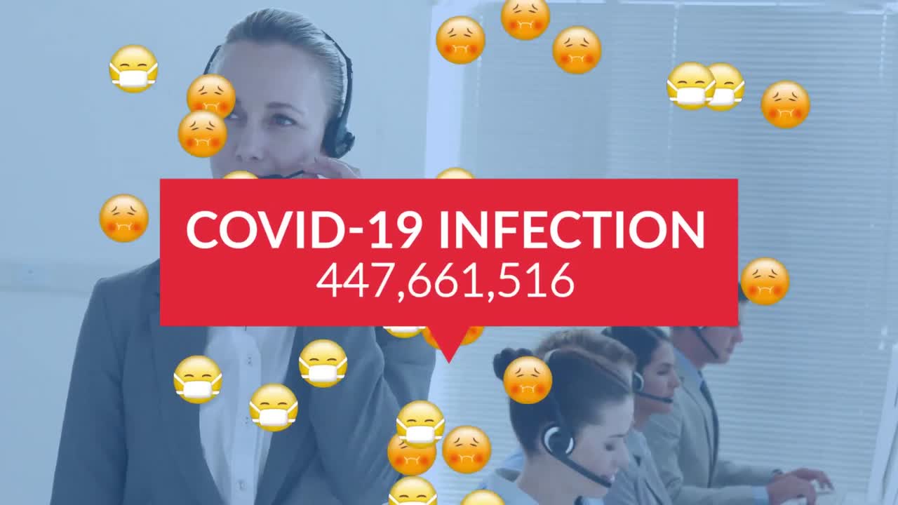 Animation of emoji with face masks over business people wearing phone headsets