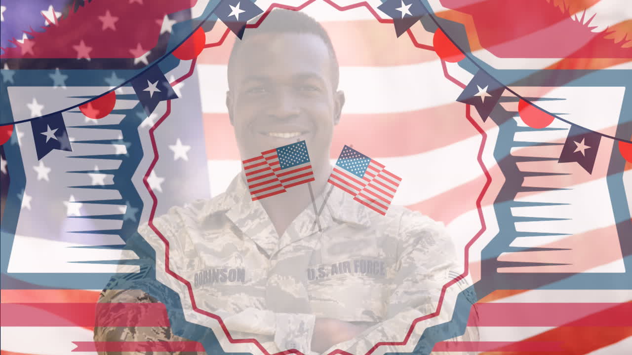 American independence decorative banner against african american soldier in uniform smiling