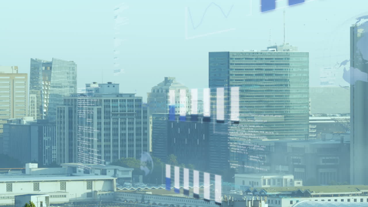 도시 풍경 위의 금융 데이터 처리 애니메이션