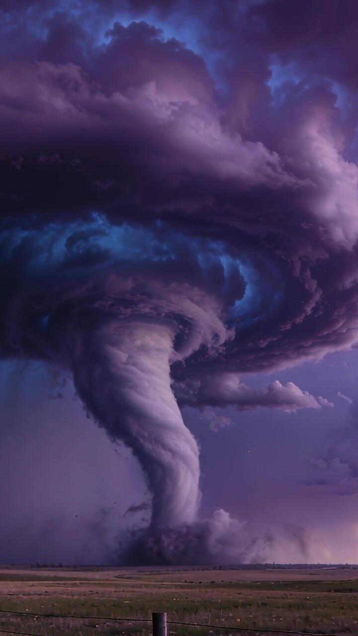Vertical video: Spinning tornado funnel dropping from base, tightening from inflow over dusty plain
